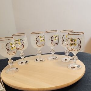 Vintage Bohemian Crystal Enameled Colored Wine Goblets Handpainted Stemmed 6